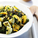 Warm lentil, potato & corn salad with yoghurt dressing