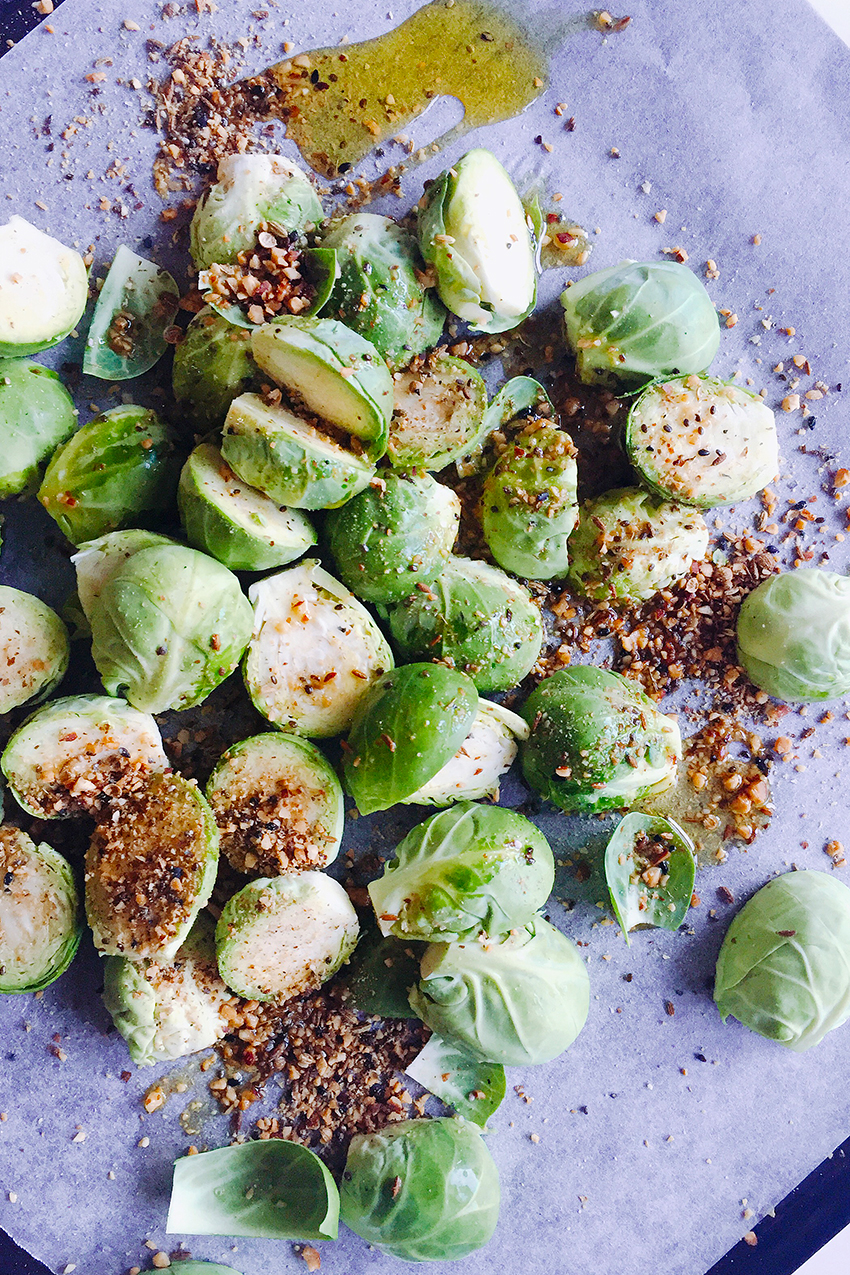 Roasted brussle sprouts with homemade nutty dukkah