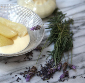 Lavender-custard with poached pears