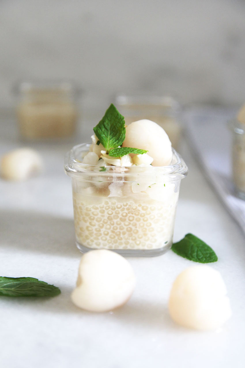 Ginger Tapioca Pudding with lychees and mint