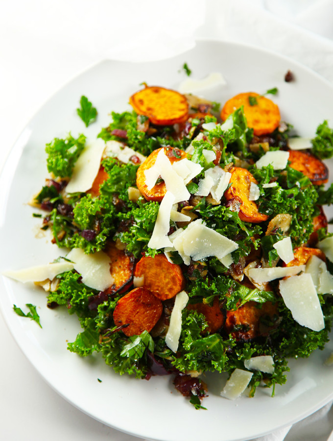Sweet Potato, Kale and Crispy Onion Salad with Parsley Vinaigrette