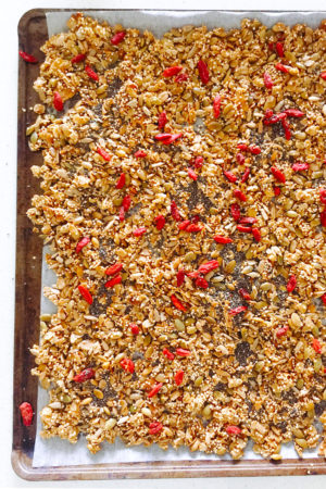 Nut-free Granola with quinoa, seeds and goji. I love this stuff so much that I even put it on top of my ice-cream!