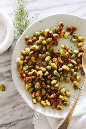 A deliciously healthy snack that is perfect for kids and adults. Eat as is or add to salad and soups. Roasted Edamame with Thyme and Pecorino. #edamame