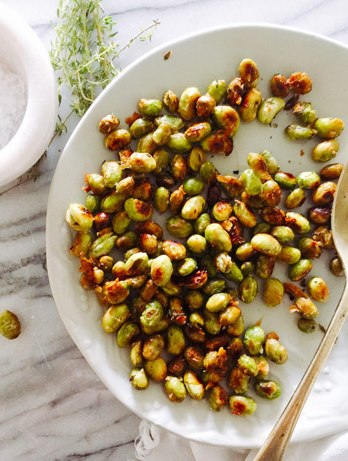 A deliciously healthy snack that is perfect for kids and adults. Eat as is or add to salad and soups. Roasted Edamame with Thyme and Pecorino. #edamame