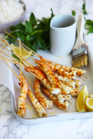Lemony salty prawns on a slick - serve at your next BBQ and they will be a huge hit