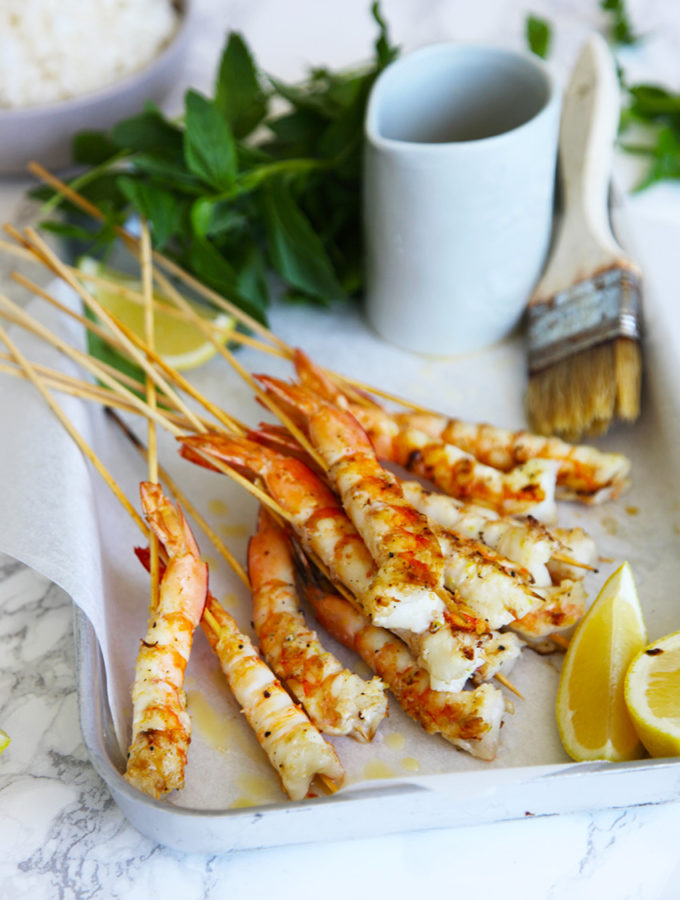 Lemony salty prawns on a slick - serve at your next BBQ and they will be a huge hit