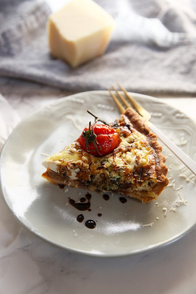 Quiche is a French dish that is very versatile. I've used caramelised onions, tomatoes and for a Italian twist, fresh ricotta and balsamic vinegar.