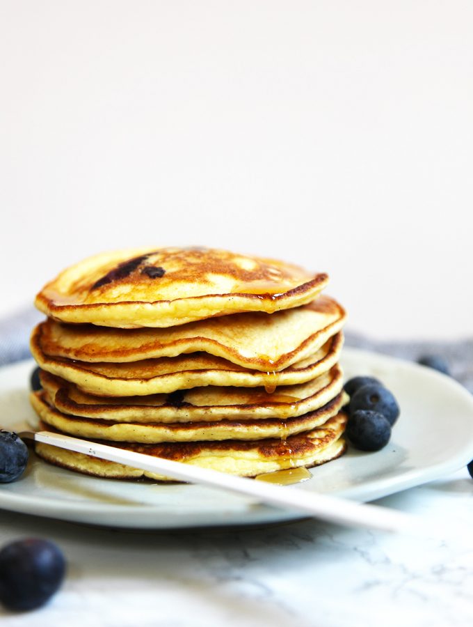 My healthyish ricotta pancakes are simple to make and are light and fluffy. Made using wholemeal flour, eggs, milk, fresh ricotta and baking powder. That's it.